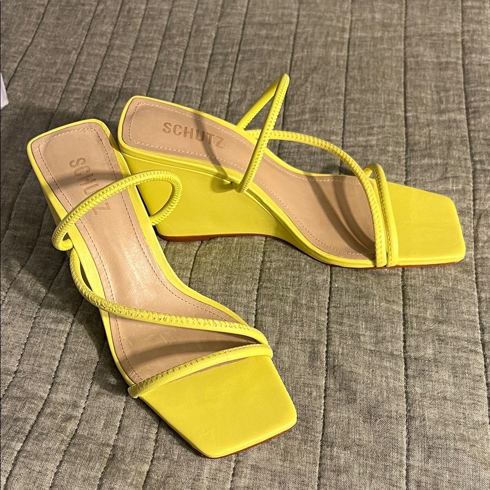 SCHUTZ Bright Yellow Braided-Strap Square-Toe Heeled Sandals